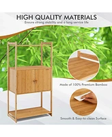 Costway Bamboo Bathroom Cabinet Freestanding Tall Storage Shelf Unit w/2 Doors & Shelves