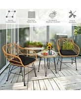 3PCS Patio Rattan Bistro Furniture Set Cushioned Chair Table