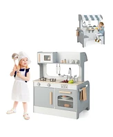 Costway 2 in 1 Kids Play Kitchen& Restaurant Double Sided Wooden Kitchen Playset Toddler