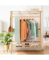 Costway 2-Tier Bamboo Garment Rack Clothing Storage Organizer Coat Hanger w/ Rod & Hooks