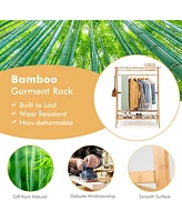 Costway 2-Tier Bamboo Garment Rack Clothing Storage Organizer Coat Hanger w/ Rod & Hooks