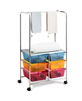 Costway 6 Drawer Rolling Storage Cart w/Hanging Bar Office School Organizer