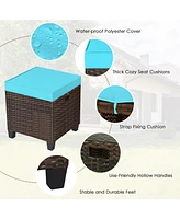 Gymax Set of 2 Patio Rattan Ottoman Footrest Garden Outdoor w/ Turquoise Cushion