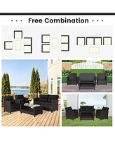 Gymax 4PCS Outdoor Conversation Set Patio Pe Rattan w/ Glass Table & Sofa Cushions