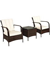 Costway 3 Pcs Patio Rattan Furniture Set Coffee Table & 2 Rattan Chair