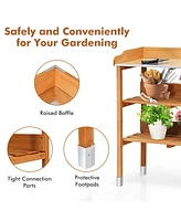 Costway Garden Wooden Potting Bench Work Station Table Tool Storage Shelf W/Hook