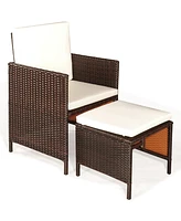 Costway 9PCS Patio Rattan Dining Set Cushioned Chairs Ottoman Wood Table Top