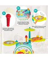 3-Piece Electric Kids Drum Set Musical Toy Gift w/Microphone Stool Pedal