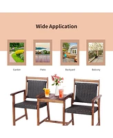 Costway 2-Seat Patio Rattan Bench Acacia Wood Frame Table W/Umbrella Hole Deck