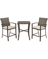 Costway 3PCS Patio Rattan Bar Furniture Set Slat Table 2 Cushioned Stools Poolside