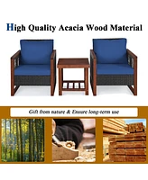 Costway 3PCS Patio Wicker Furniture Set Solid Wood Frame Cushion Sofa w/ Square Table Shelf