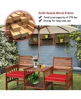 Costway Patio Loveseat Conversation Set Acacia Wood Chair Coffee Table