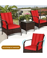 Gymax 3PCS Patio Rattan Conversation Set Outdoor Furniture Set w/Table