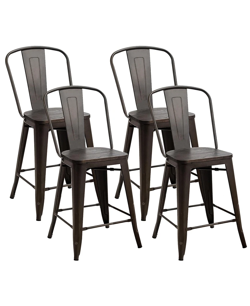 Costway Copper Set of 4 Metal Wood Counter Stool Kitchen Bar Chairs