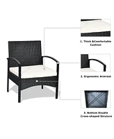 Gymax 3 Pcs Patio Wicker Rattan Furniture Set Coffee Table & 2 Rattan Chair W/Cushion