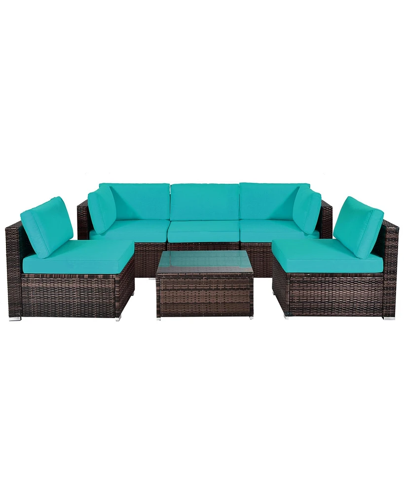 Gymax 6PCS Rattan Outdoor Sectional Sofa Set Patio Furniture Set w/ Turquoise Cushions