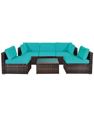 Gymax 6PCS Rattan Outdoor Sectional Sofa Set Patio Furniture Set w/ Turquoise Cushions