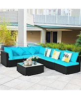 Gymax 7PCS Rattan Patio Conversation Set Sectional Furniture Set w/ Blue Cushion