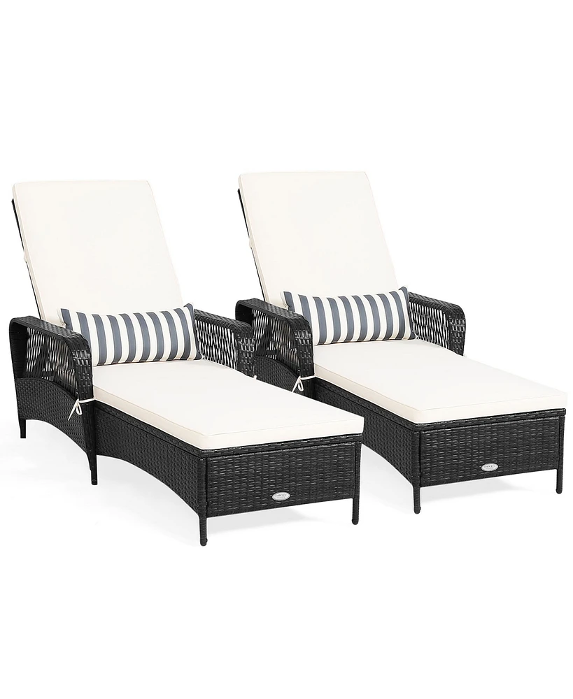 Gymax Set of 2 Adjustable Patio Rattan Lounge Chair Chaise Recliner w/ Cushion & Pillow