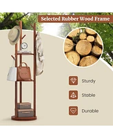 Costway Freestanding Wooden Coat Tree 360° Rotary Coat Rack with 3 Display Storage Shelves