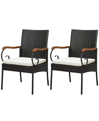 Costway 2PCS Patio Pe Wicker Chairs Acacia Wood Armrests withSoft Zippered Cushion Garden