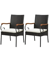 Costway 2PCS Patio Pe Wicker Chairs Acacia Wood Armrests withSoft Zippered Cushion Garden