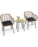 3PCS Patio Rattan Bistro Set Coffee Table Armchair Garden