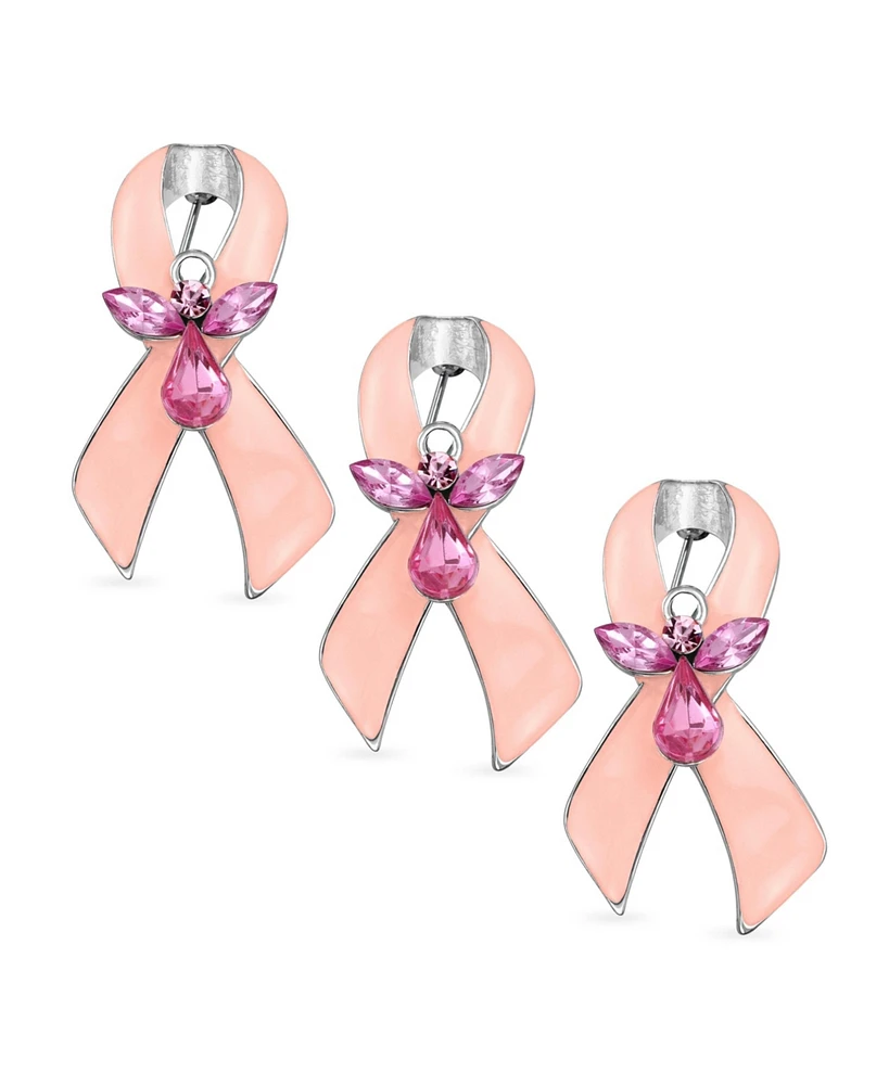 Bling Jewelry Empowerment Protective Guardian Angel Crystal f Pink Ribbon Survivor Brooch Pin Awareness For Women Enamel Silver Plated 3 Pack