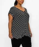 Coin 1804 Plus Size Pointelle Stripe Mitered Twist Front Top