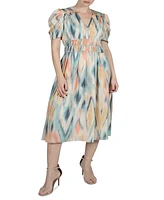 julia jordan Women's Printed Puff-Sleeve Midi Dress