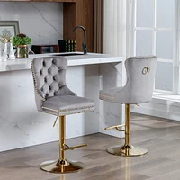 Gray Velvet Swivel Bar Stools, Set of 2
