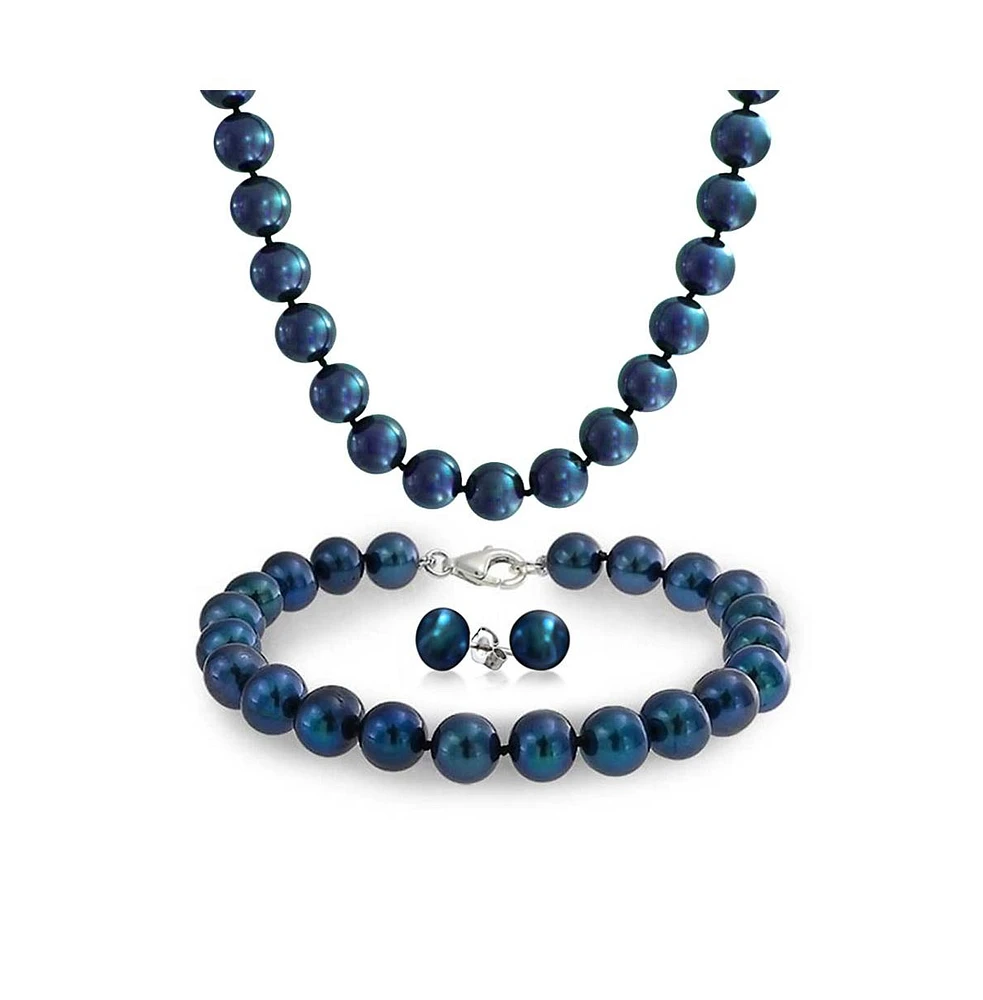 Bling Jewelry Iridescent Peacock Blue Black Hand Knotted Freshwater Cultured Pearl Strand Necklace 18" Bracelet 7.5"Ball Earrings 7mm 3PCS Jewelry Set