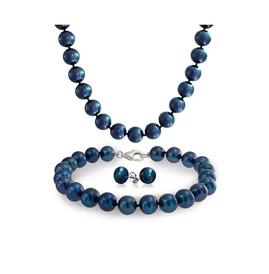 Bling Jewelry Iridescent Peacock Blue Black Hand Knotted Freshwater Cultured Pearl Strand Necklace 18" Bracelet 7.5"Ball Earrings 7mm 3PCS Jewelry Set