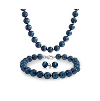 Bling Jewelry Iridescent Peacock Blue Black Hand Knotted Freshwater Cultured Pearl Strand Necklace 18" Bracelet 7.5"Ball Earrings 7mm 3PCS Jewelry Set