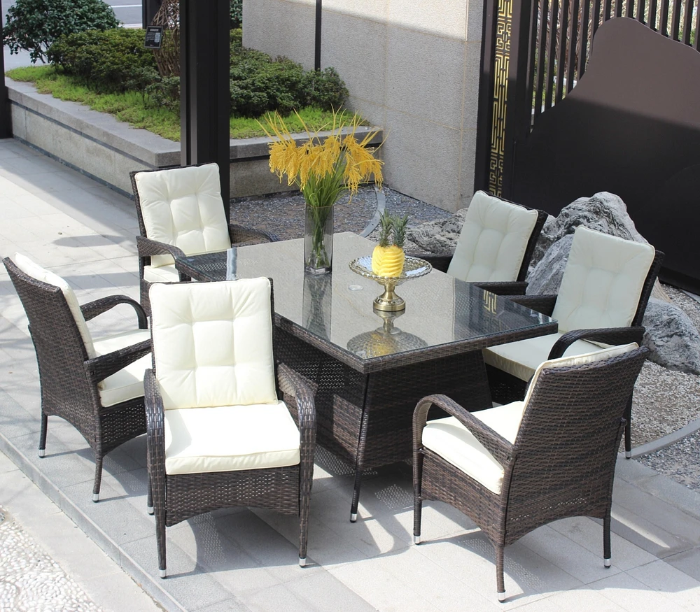 Patio 7-Piece Rectangular Dining Set With 6 Dining Chairs (Brown & Cushion)
