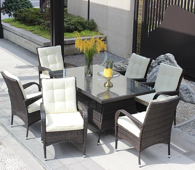 Patio 7-Piece Rectangular Dining Set With 6 Dining Chairs (Brown & Cushion)
