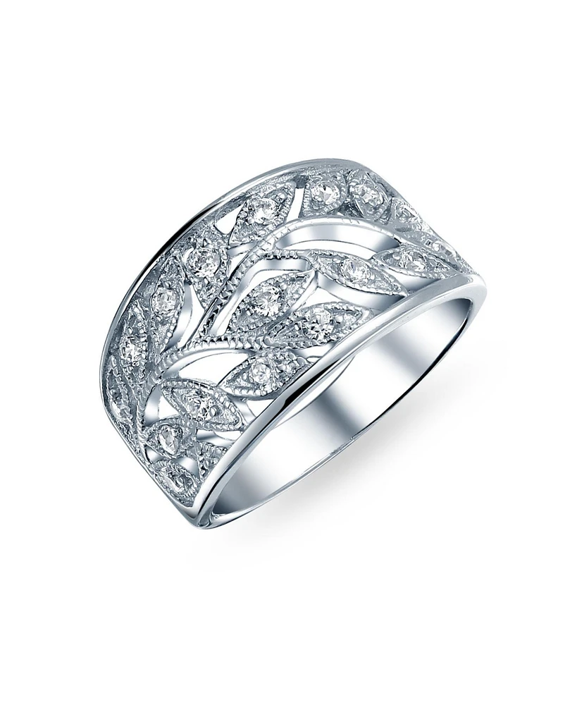 Bling Jewelry Pave Cubic Zirconia Open Filigree Wide Leaves Leaf Band Ring For Women Sterling Silver