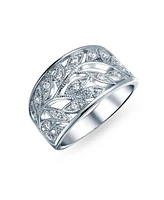 Bling Jewelry Pave Cubic Zirconia Open Filigree Wide Leaves Leaf Band Ring For Women Sterling Silver