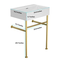 24" Bathroom Console Sink With Overflow, Ceramic Console Sink White Basin Gold Legs