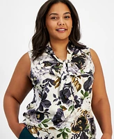 Tahari Asl Plus Size Floral-Print Tie-Neck Blouse