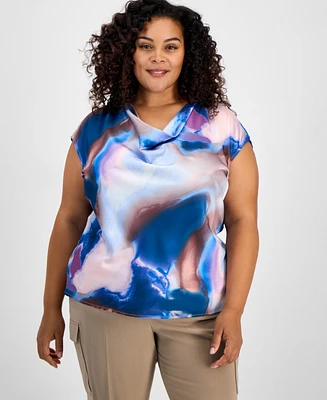 Tahari Asl Plus Size Printed Cowl-Neck Blouse