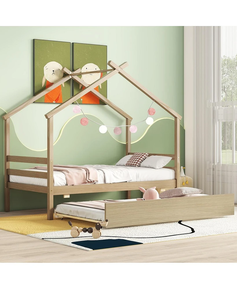 Simplie Fun Twin Size House-Shaped Bed With Trundle, Natural