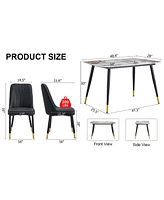 Stone Table & Pu Leather Chair Set - Black Metal Legs - 1 Table & 4 Chairs