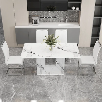 Simplie Fun White Marble Dining Table with 4 High Back Chairs