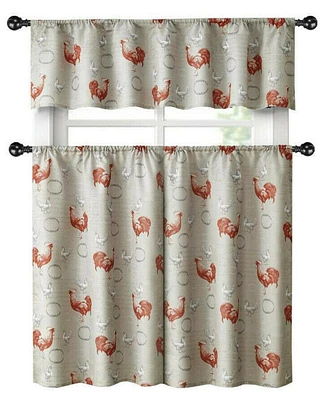 Kate Aurora Country Farmhouse Red Rooster Barn 3 Pc. Kitchen Curtain Tier & Valance Set