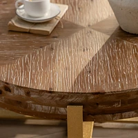 31.29"Modern Retro Splicing Round Coffee Table, Fir Wood Table Top With Gold Cross Legs Base