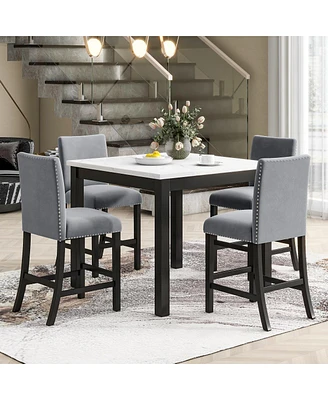 Simplie Fun 5-Piece Grey Dining Set: Faux Marble Table, 4 Velvet Chairs