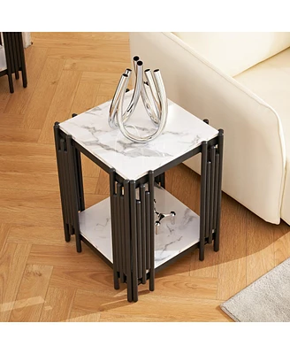 Simplie Fun Modern Marbled Side Table with Storage Shelves, Easy Assembly, Black