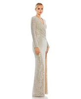 Mac Duggal Women's Ieena Sequined Long Sleeve Faux Wrap Ruched Gown