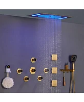 Mondawe 22" Ceiling Mounted Luxury Led Shower System Set with Handheld Spray, 3 Body Jets & Remote Control, Brushed Gold